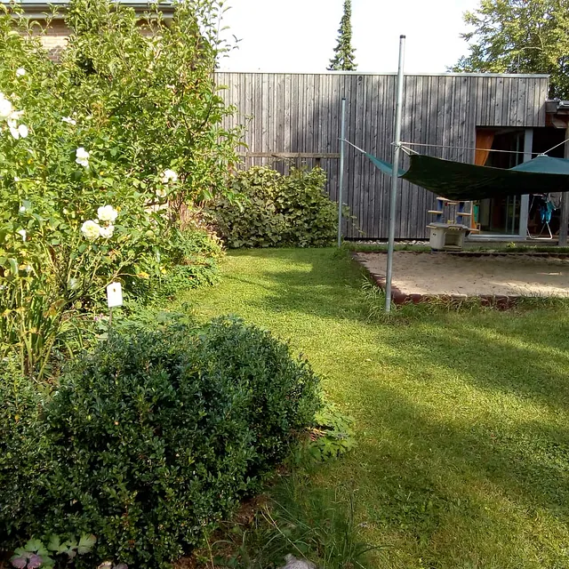 Grüner Garten mit moderner Holzwand