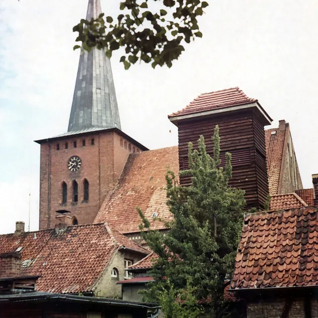 Stadtkirche hinter roten Dächern.